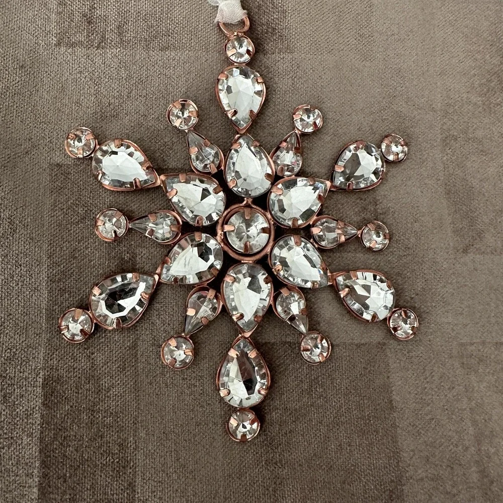 Clear Rhinestone Gem Rose Gold Tone Snowflake Ornaments Set Of 3 Christmas Shiny